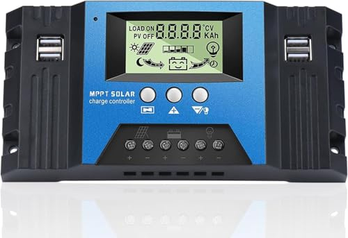 MPPT 100A Solarladeregler 12V 24V Solarregler, MPPT Solar Laderegler 100A mit Temperatursensor LCD Display, 4 USB Ports, Passend für Solarmodule 12V 24V Blei Säure und Lithium Batterien