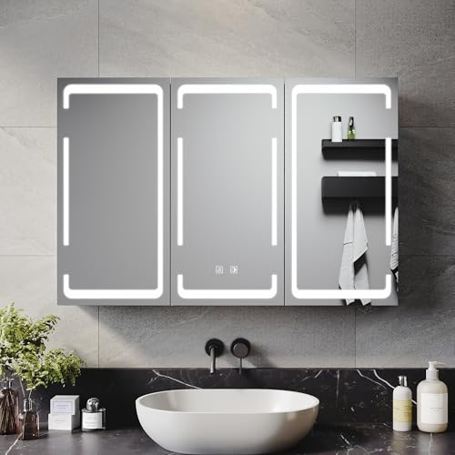 ELEGANT LED Bathroom Mirror Cabinet Triple Door Wall Mounted Bathroom Mirror Cabinet with Shaver Socket Illuminated Mirrored Bathroom Cabinets with Demister and Three-color infinite dimming 600x900mm