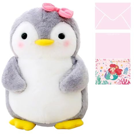 Celawork Pinguin Kuscheltier, Pinguin Stofftier Plüschtier, Süßer Pinguin für Kinder, Plüschpinguin Geschenke für Jungen Mädchen (Rosa Schleife, 25cm)+Exquisite Grußkarte