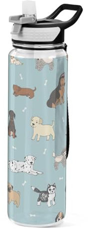 Mnsruu Transparente Sport-Wasserflasche mit Strohhalm, auslaufsichere Trinkflasche, schöne Kritzelei-Hunde und Knochen, Fahrradflaschen für Sport, Büro, Schule, BPA-freier Tritan-Kunststoff, 1 Liter