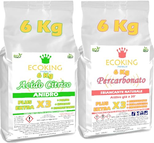 ECOKING Kit Acido Citrico Puro + Percarbonato di Sodio Puro (6 KG + 6 KG) - Naturale, versatile e biodegradabile. Smacchiatore Bucato Ecologico, Sbiancante e Igienizzante.