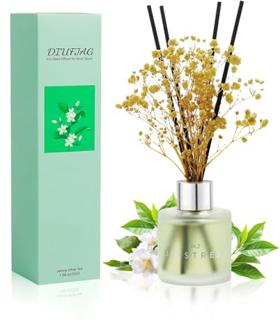 DIUFJAG Profumatore per Ambienti - Gelsomino Té Bianco,Diffusore Profumo Ambiente con 8 Bastoncini Fiori Secchi per Bagno,Appartamento 50ml