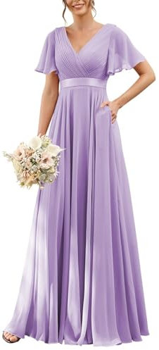 HPPEE Abiti da damigella d'onore in chiffon da donna con maniche pieghettate una linea formale abito da sera, Lilla, 60 Più
