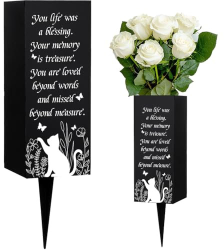 WEBEEDY Vasi per cimitero di gatti, decorazioni per cimitero per tombe, vasi in metallo con punte, motivo gatto, fiore, farfalla, nero, segno di simpatia per cimitero, cartello di memoria per esterni