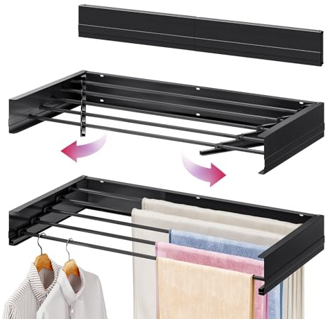 SYKIARIOL Kleiderstange zur Wandmontage, einziehbar, 80 cm, Wäscheständer, Wandmontage für drinnen und draußen, platzsparender Wäscheständer mit 5 Stangen, Wäschetrockner für Handtücher, Schwarz