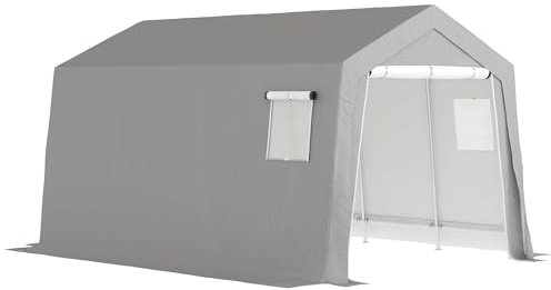 Outsunny Gerätehaus mit Satteldach wasserdicht Gerätezelt mit Türen, Fenster, Anti-Staub-Fahrradabdeckung, Foliengerätehaus Fahradgarage für Terrasse Garten, 300 x 447 x 255 cm, Hellgrau