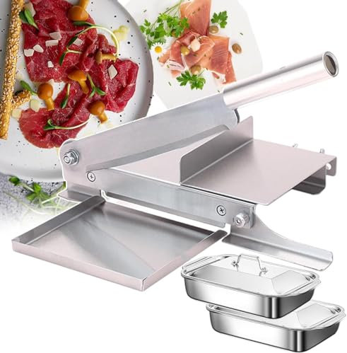 LLHTTDMBDFC Cortadora De Fiambre, Cortafiambres, Máquina cortadora de Carne Manual de Acero Inoxidable - Mango de aleación de Aluminio de 35 cm - con Bandeja extraíble