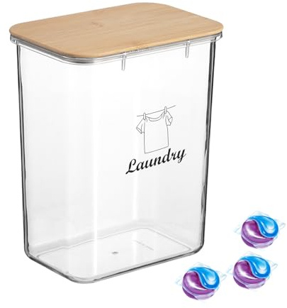 Gzsekken Laundry Pods Storage Container,Clear Laundry Detergent Container,Bathroom Washing Powder Dispenser with Bamboo Lid, For Laundry Room Organization, Washing Pods,Bath Bombs,Scent Booster