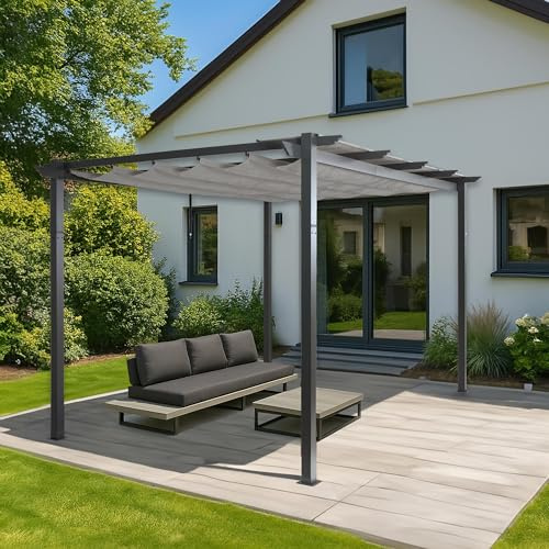 Mendler Aluminium Pergola HWC-N93 3x4m - grau | Gartenpavillon, Pavillon, Garten, stabiles 8cm-Gestell, Schiebedach, UV50+