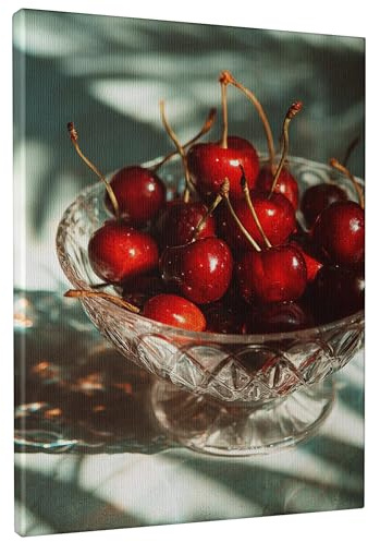 Summer Cherry Canvas Wall Art, Red Glass Bowl Fruit Prints, Classic Wall Art Home Aesthetic Decor For Kitchen, Dining Room, Living Room, Wrapped Canvas 16x20 Inch