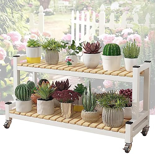 Espositore per piante a 2 livelli e 3 ripiani su ruote, supporto per fiori con freno, per interni ed esterni, mensola a scaletta per vasi da giardino per casa e patio