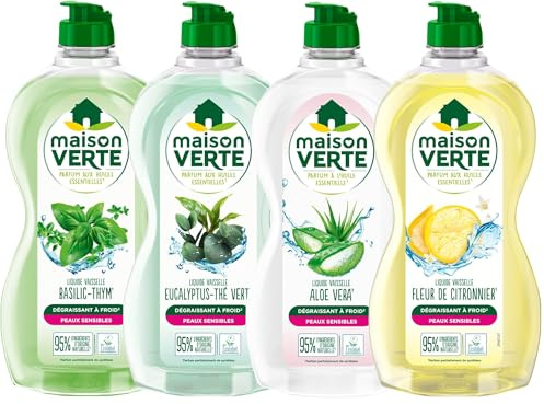 Maison Verte – Lot de 4 Liquides Vaisselle Écologiques – Aloe Vera, Eucalyptus & Thé Vert, Fleur de Citronnier, Thym & Basilic – Doux pour les Mains – Parfums Naturels