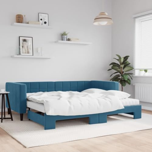 Teenpull Ausziehbares Tagesbett mit 2 Matratzen, Blau Samtbezug, 90x200 cm Einzelbett zum Doppelbett Ausziehbar, Polsterbett für Gästezimmer & Schlafzimmer, Stabiler Bettrahmen Möbelstück