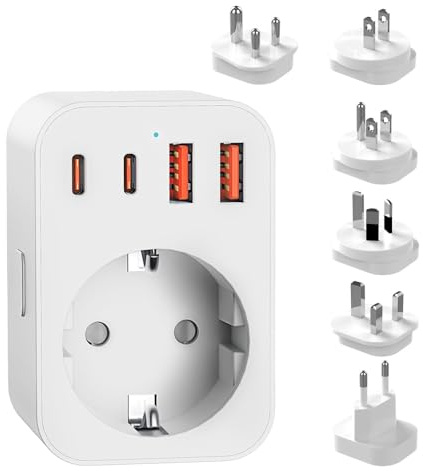 Dhqkqg Enchufe de Viaje Universal, Adaptador Enchufe Universal con 2 USB A y 2 USB-C, Adaptador Universal con 6 Adaptadores Internacional Desmontables, para Reino Unido/EU/AUS/China/Japón/Sudáfrica