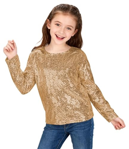 Mjjsk Hauts à paillettes pour filles - T-shirt à manches longues scintillantes pour fête d'anniversaire - T-shirt élégant pour l'école, le carnaval, la danse, doré, 7-8 ans