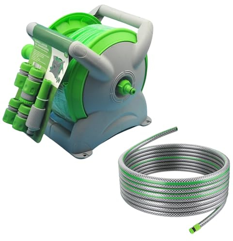 20M Garden Hose Reel with Multi-Function Nozzle, 20mm Flexible Hose, 2-in-1 Freestanding or Wall Mounted Retractable Hose Reel with Fittings for Garden Watering & Car Washing
