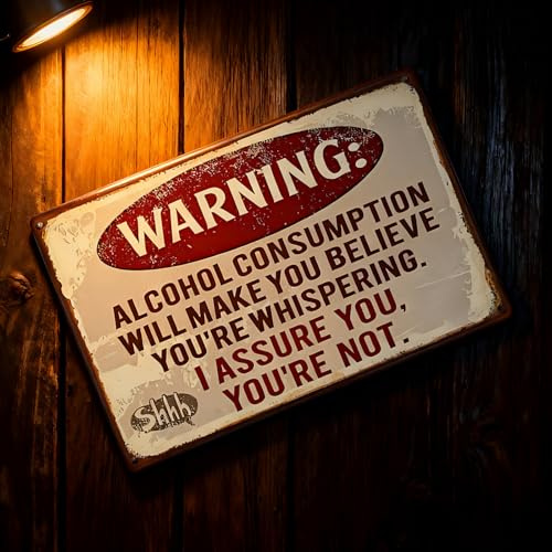 Vintage metal wall plaque featuring humorous drinking quote, adding unique personality to your bar or home pub