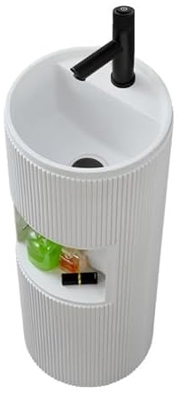 GLETSF Lavabo De Pedestal Redondeado, Lavabo De Columna De Pie De Piedra De Cuarzo con Almacenamiento, Conjunto De Lavabo De Pedestal para Baño con Kit De Desagüe Y Válvula Angu-White-a