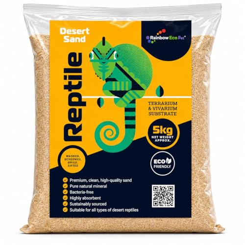 Rainbow Eco Pet Natural Reptile Desert Sand 5kg for Terrarium & Vivarium | Washed, dried natural sand, low dust, highly absorbent, heat lamp safe. for bearded dragons, geckos and other desert reptiles