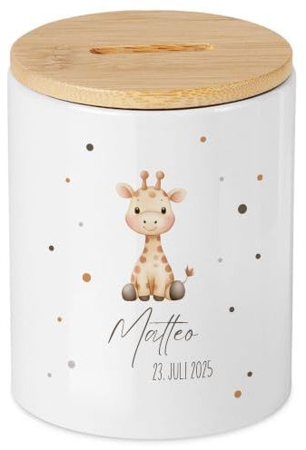 Personalisiertes Spardose Baby mit Wunschname, süße Giraffe, Geldgeschenk Geburt Taufe Geburtstag, Spardose Kind als Wunscherfüller, Sparschwein personalisiert für Mädchen Jungen