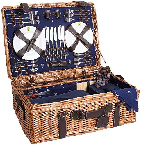 Les Jardins de la Comtesse - Cesta de picnic para 6 personas Champs-Elysées azul, completa con bolsillos aislados, tabla de cortar y mantel, tamaño: 62 x 44 x 23 cm