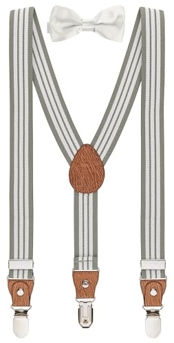 BomGuard Conjunto infantil de tirantes y pajarita – Gris a rayas