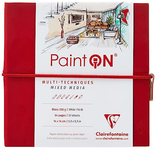 Clairefontaine 975430C - Taccuino Cucito di carta da disegno Paint'On 64 pagine Bianche 14x14 cm 250g, chiusura con elastico, Copertina Morbida Rossa