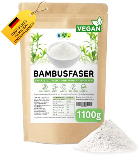 EWL Bambusfasern 1,1kg | Low Carb Keto Mehl Ersatz | Reines Bambusfasermehl | Herstellung & Abfüllung in Deutschland | Kontrollierte Qualität | Fein vermahlen & Glutenfrei | Ballaststoffreich | Vorrat XL