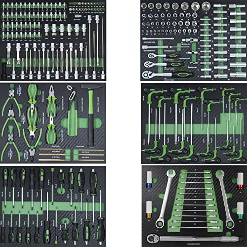 TRUTZHOLM Profi Werkstattwagen Schaum Einlagen Werkzeugeinlagen 520x400mm bestückt 6 Stück mit Chrom-Vanadium Werkzeug, Knarren, Drehmomentschlüssel, Steckschlüssel, Maul-Ring Ratschenschlüsselsatz