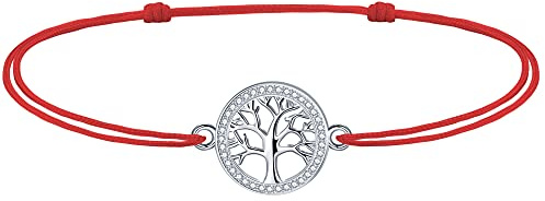 J.Endéar Bracelet de Cheville Arbre de Vie Femme Fille Argent avec Zircone, Corde Fait Main Bracelet de Cheville Amour Amitié Cadeau d'été 37cm Réglable, Rouge