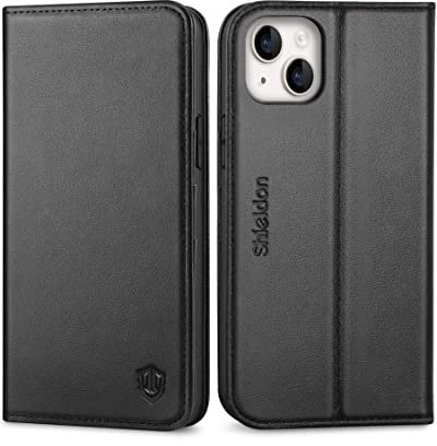 SHIELDON Hülle für iPhone 14 Plus 5G Handyhülle [Erstklassig Echtleder] [Kartenfach] [Magnet] [Standfunktion] [RFID-Sperre], Stoßfest Schutzhülle Lederhülle Kompatibel mit iPhone 14 Plus 6,7 - Schwarz