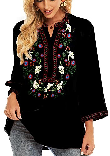 Vakakado Mexique Femmes bohème brodé Chemise Folklore Fleurs Tunique Top bohème Chemise Manches 3/4 col V(325,Noir,M)