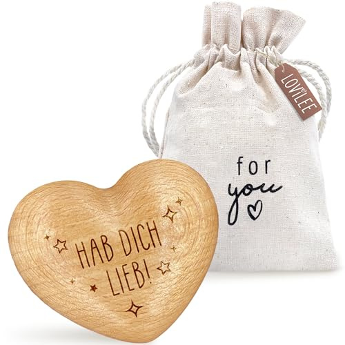 LOViLEE Hab dich lieb - Handschmeichler Holz Glücksbringer Prüfung - Holz Herz inkl. Geschenkbeutel & Grußkartenset - Mutmacher Geschenk, Schutzengel Geschenk, Gute Besserung Geschenke Frauen
