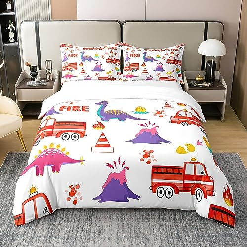 100% Baumwolle Feuerwehrwagen Bettbezug 155x220,Dino Bettwäsche Set,Cartoon Fahrzeuge Dinosaurier Eier Tröster Abdeckung,Nette Dinos Autos Vulkan Bett Set mit 1 Kissenbezug Zimmer Dekor,Lila Rot Weiß