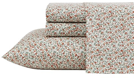 Laura Ashley - Full Sheets, Cotton Percale Bedding Set, Crisp & Cool Home Decor (Emogene Burnt Orange, Full)