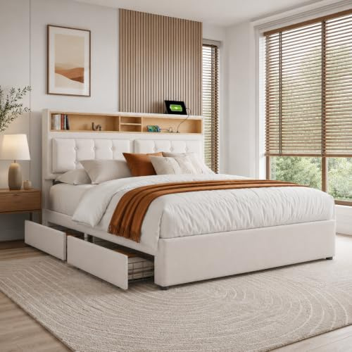 Merax Polsterbett 160x200cm mit USB C Steckdose, Doppelbett Stauraumbett mit 4 Schubladen & Lattenrost, Bettgestell mit Verstellbares Stauraum Kopfteil, Funktionsbett, Leinen, Ohne Matratze, Beige