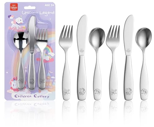 Lehoo Castle - Ensemble de 6 couverts enfants inox, 2 cuillères, 2 fourchettes, 2 couteaux, pour enfants de 3 ans et plus, licorne, finition miroir, lavable en machine