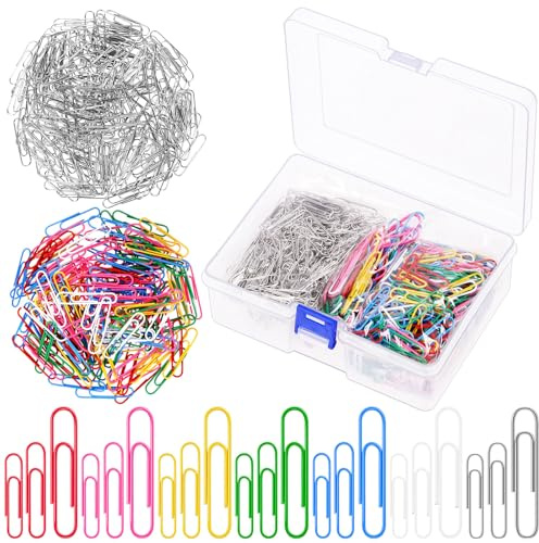 Glarks Lot d'agrafes de 2,8 cm, 3,3 cm, 5 cm, argentées et colorées, grande boîte de rangement pour bureau, école et usage personnel