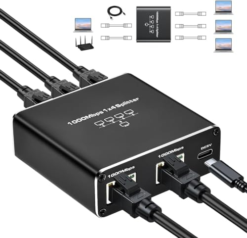 Splitter LAN da 1 a 4, splitter Ethernet da 1000 Mbit/s adatto per cavi Cat6/7/8, 4 dispositivi di rete contemporanea, switch di rete per computer, hub, switch, router, set-top box.