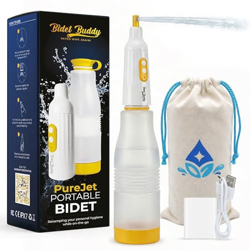 BIDET BUDDY® PureJet Portable Bidet for Travel– Self-Cleaning Retractable Nozzle, 550ml Bottle, IPX7 Waterproof, USB-C Rechargeable, High-Pressure Hygiene Device, Versatile Power Modes – Arctic White