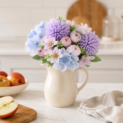 astylishome Lot de 28 fleurs artificielles d'hortensia en plastique - Arrangements floraux réalistes - Décoration de mariage - Centre de table - Bleu clair violet 2118