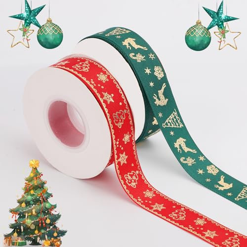 2 Rollos de Cinta Navideña, 45,72m Cinta de Regalo Navideña Roja y Verde Cinta de Grogrén Navideña Cinta de Feliz Navidad para Manualidades Decoración de Bricolaje