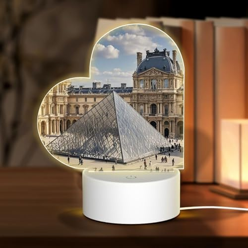 3D Night Light LED Light Lamp Base Personalized Gifts Acrylic Night Light Louvre Museum in Paris Night Light Acrylic Plaque USB 3 Colors Change Smart Touch Table Lamp for Bedroom Heart Shape
