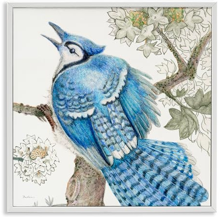 Stupell Industries Rhododendron & Blue Jay Framed Giclee Wall Art Design by Evelia Designs, White Framed, 17 x 17