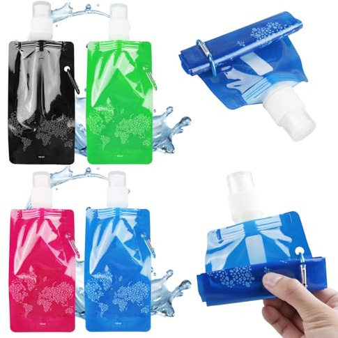Lot de 4 bouteilles d'eau pliables pour le sport, 500 ml, réutilisables, avec mousqueton, ultra légères, anti-fuite, sans BPA, pour les voyages, la randonnée, le camping, l'escalade, l'extérieur