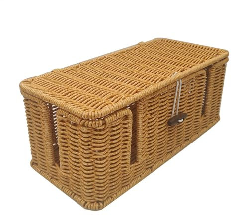 Cable Box - Handwoven Cable Management Box | 4 Open Slots Cable Tidy Box | Imitation Rattan Wire Organiser Box | USB Hub And Under Desk Power Strip | Cord Organizer For TV Wires, Computer, Router,