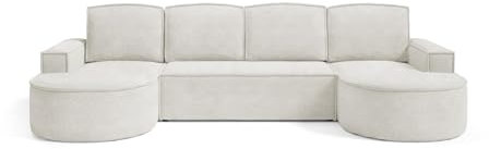BETTSO - Ecksofa U-Form mit Schlaffunktion Flow, Schlafsofa Couch, Wohnlandschaft, Komfortable Kissen, Runde Form - 316x157x88cm, mit Bettkasten, Weiß