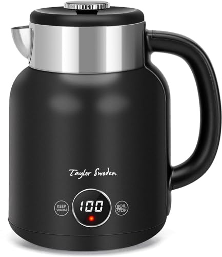 Taylor Swoden Bouilloire électrique rapide avec réglage de la température 2200W, Bouilloire à chauffage 1.7L, 40-100°, LED Digitale, double paroi inox,Fonction maintien au chaud, Noir