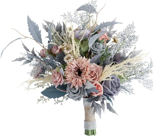 Fouriding Wedding Bride Bouquets Gray Pink,Artificial Hand Flowers Bridal Bouquet Bridesmaid for Ceremony Anniversary Party Bridal Shower Decoration Wedding Bouquets