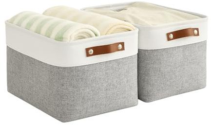 Bagnizer Foldable Storage Baskets for Shelves Closet 2PCS Fabric Small Organizer Box Bins with Handles Waterproof Canvas Box for Clothes, Pet Toys, Office Products 30x20x15CM Grey & White